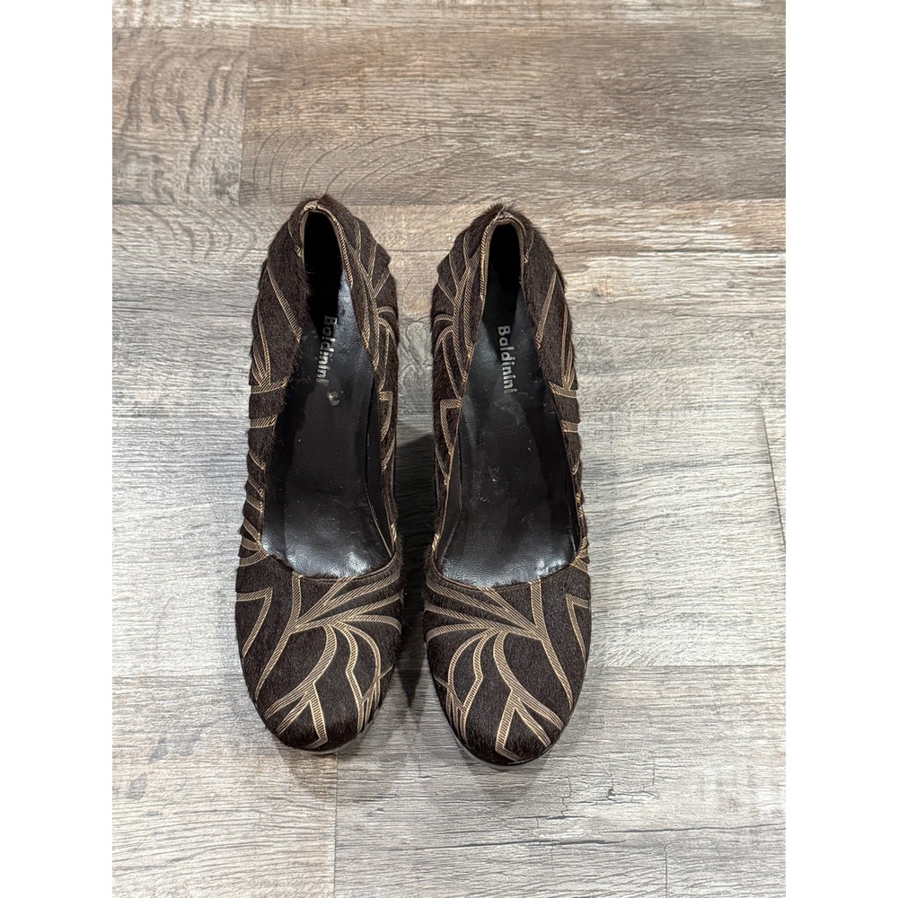 Baldini Italy Brown Calf Hair Embroidered Leaf Wedge Platform Pumps Womens 38